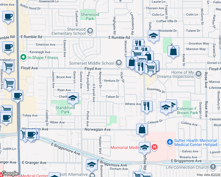 map of restaurants, bars, coffee shops, grocery stores, and more near 928 Pasadena Lane in Modesto