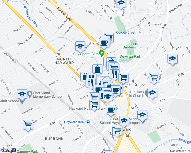 map of restaurants, bars, coffee shops, grocery stores, and more near 22316 Main Street in Hayward