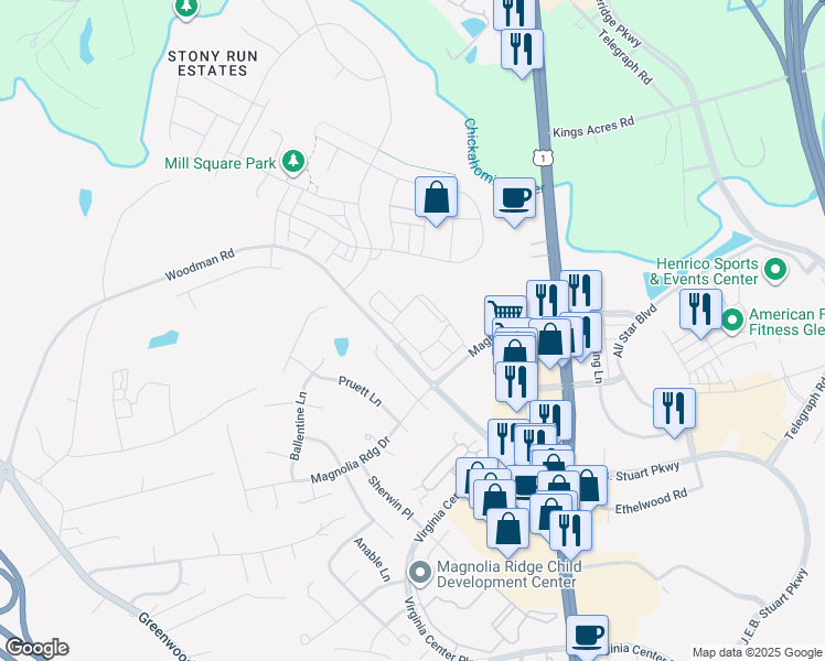 map of restaurants, bars, coffee shops, grocery stores, and more near 10732 Peterfield Lane in Glen Allen