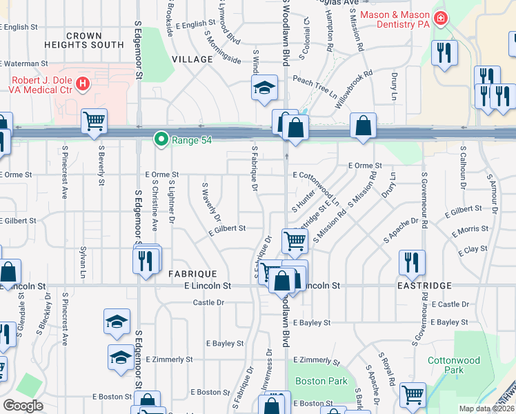 map of restaurants, bars, coffee shops, grocery stores, and more near 6121 E Indianapolis in Wichita
