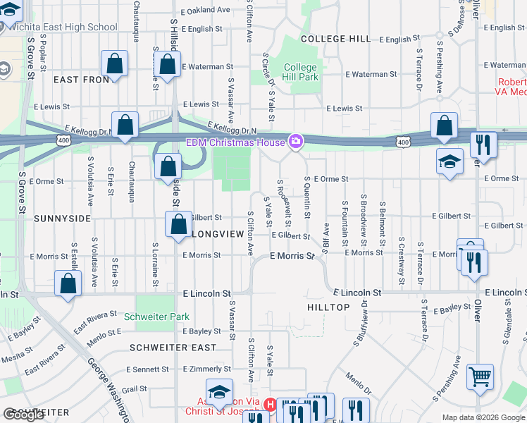 map of restaurants, bars, coffee shops, grocery stores, and more near 632 South Yale Street in Wichita