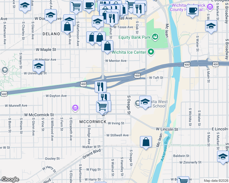 map of restaurants, bars, coffee shops, grocery stores, and more near 1008 West Dayton Avenue in Wichita