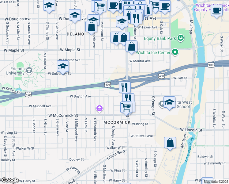 map of restaurants, bars, coffee shops, grocery stores, and more near 1140 Dayton Street in Wichita
