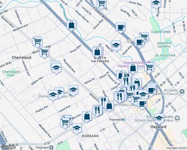 map of restaurants, bars, coffee shops, grocery stores, and more near 22147 Peralta Street in Hayward