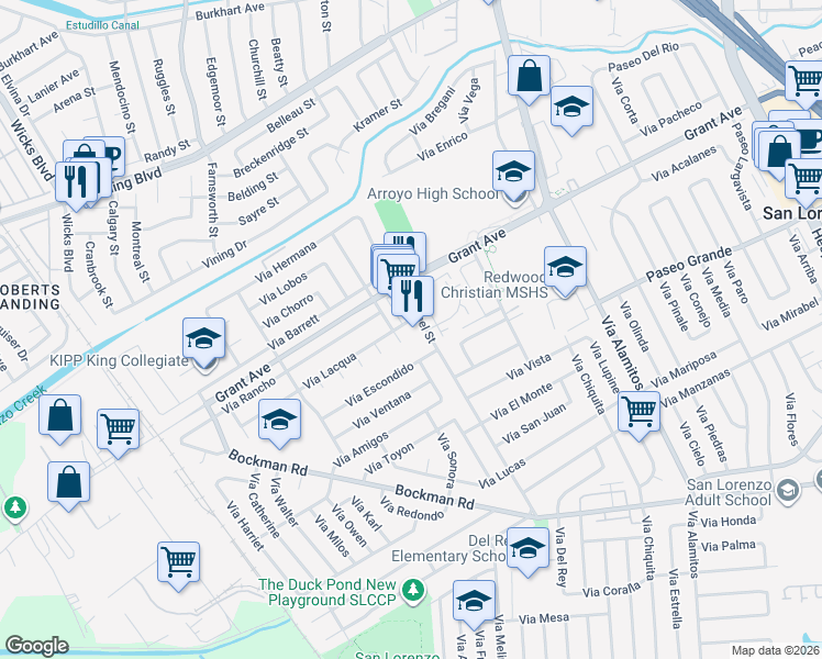map of restaurants, bars, coffee shops, grocery stores, and more near 15845 Channel Street in San Lorenzo