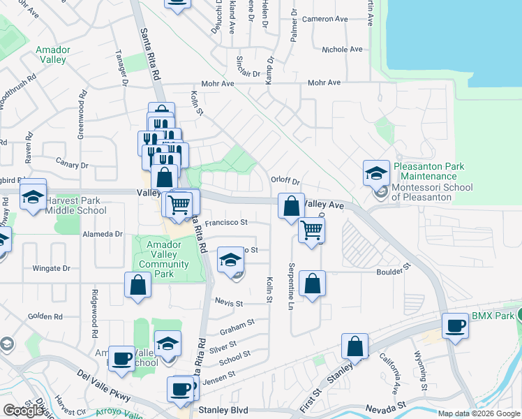 map of restaurants, bars, coffee shops, grocery stores, and more near 1565 Mendoza Court in Pleasanton