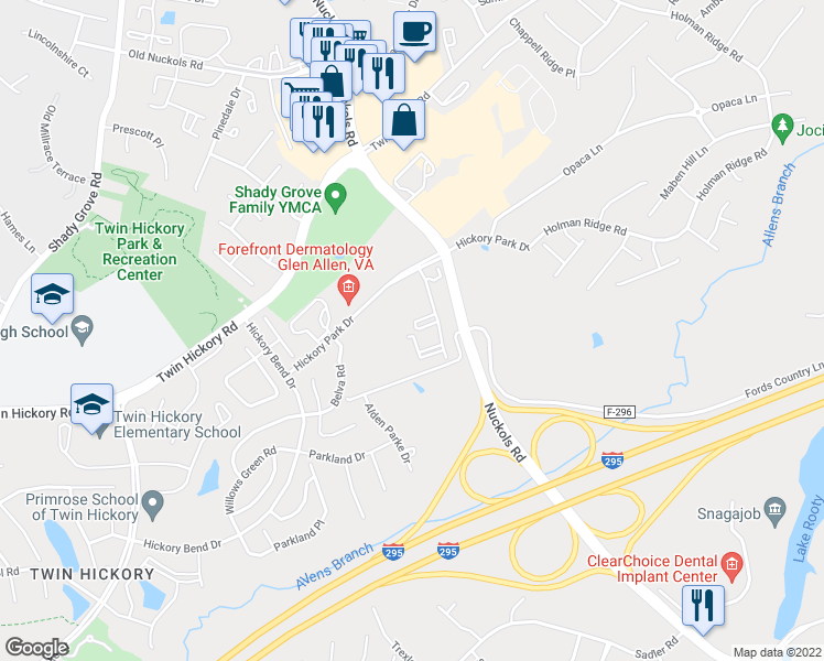 map of restaurants, bars, coffee shops, grocery stores, and more near 5225 Bedford Falls Circle in Glen Allen