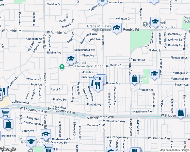 map of restaurants, bars, coffee shops, grocery stores, and more near 1305 Suzanne Drive in Modesto