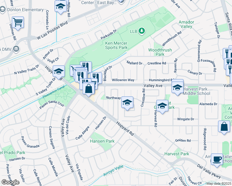 map of restaurants, bars, coffee shops, grocery stores, and more near 2358 Bay Meadows Circle in Pleasanton