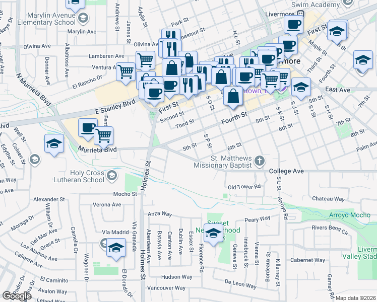 map of restaurants, bars, coffee shops, grocery stores, and more near 557 South Q Street in Livermore
