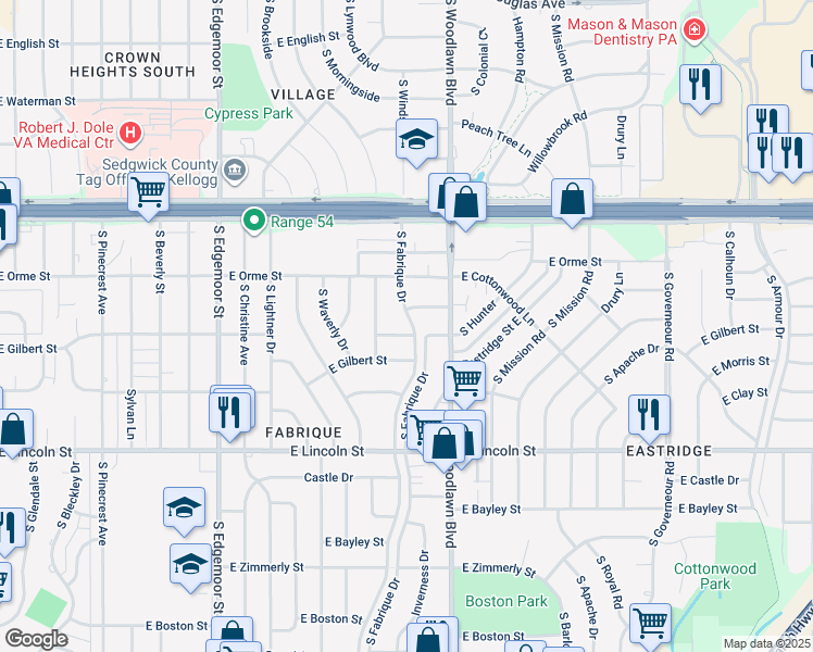 map of restaurants, bars, coffee shops, grocery stores, and more near 6121 E Indianapolis in Wichita