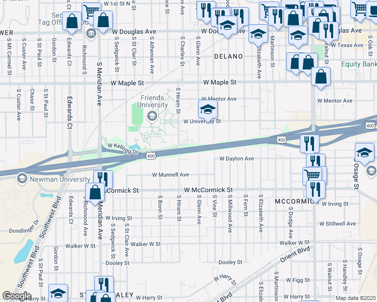 map of restaurants, bars, coffee shops, grocery stores, and more near West Kellogg Avenue in Wichita