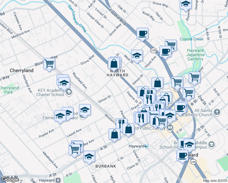 map of restaurants, bars, coffee shops, grocery stores, and more near 22168 Peralta Street in Hayward