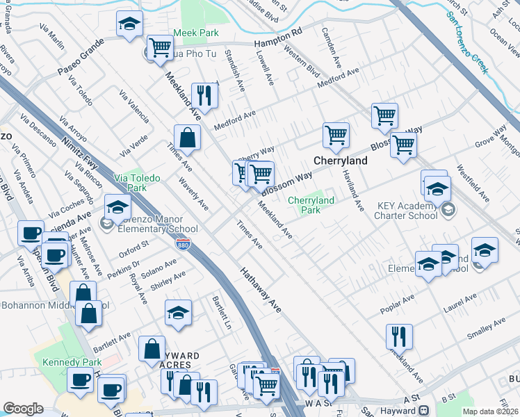 map of restaurants, bars, coffee shops, grocery stores, and more near 20661 Meekland Avenue in Hayward