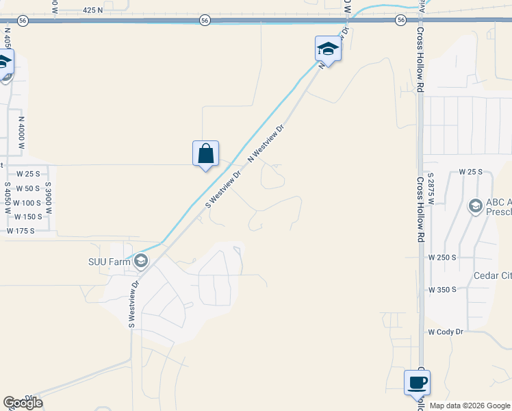 map of restaurants, bars, coffee shops, grocery stores, and more near 3354 Hidden Hills Drive in Cedar City