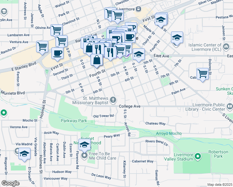 map of restaurants, bars, coffee shops, grocery stores, and more near 694 South M Street in Livermore
