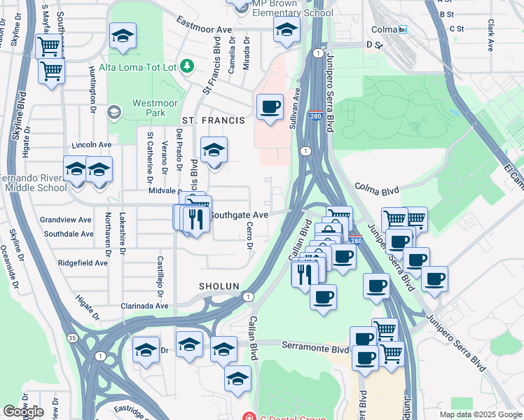 map of restaurants, bars, coffee shops, grocery stores, and more near 1502 Southgate Avenue in Daly City