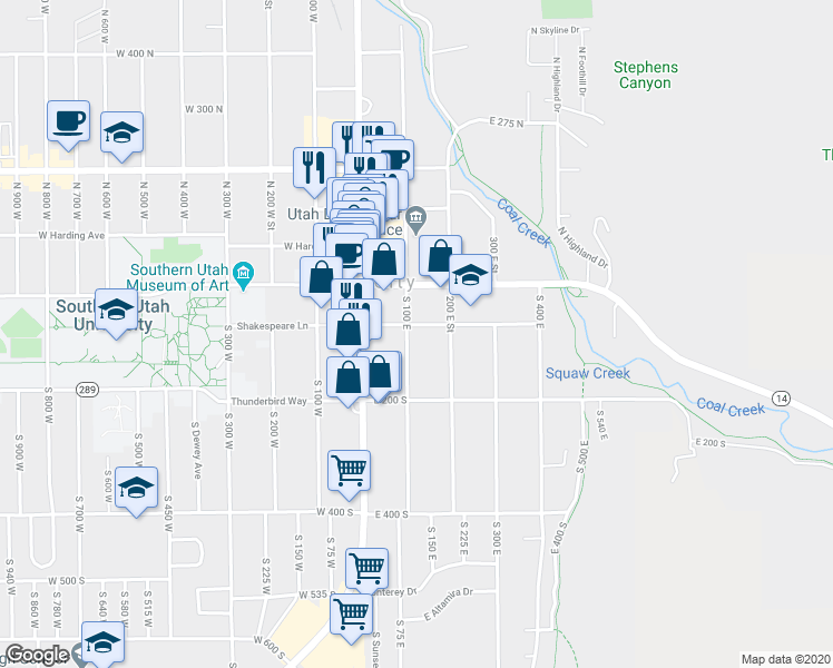 map of restaurants, bars, coffee shops, grocery stores, and more near 85 South 100 East in Cedar City