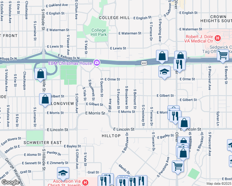 map of restaurants, bars, coffee shops, grocery stores, and more near 702 South Fountain Street in Wichita