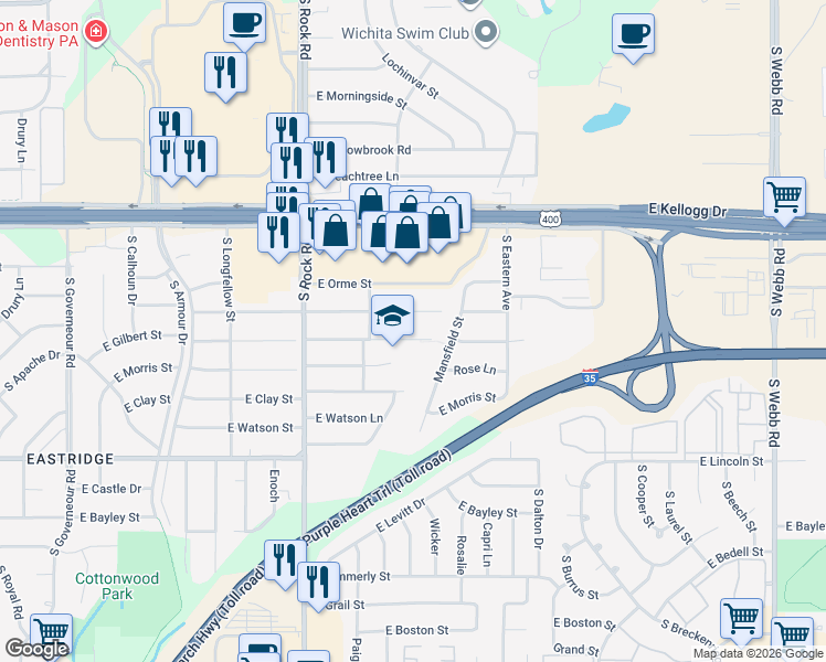 map of restaurants, bars, coffee shops, grocery stores, and more near 8153-8277 East Gilbert Street in Wichita