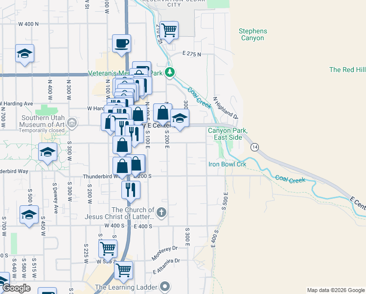 map of restaurants, bars, coffee shops, grocery stores, and more near 107 South 300 East in Cedar City