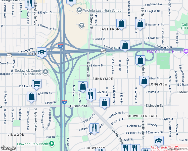 map of restaurants, bars, coffee shops, grocery stores, and more near 644 South Poplar Street in Wichita