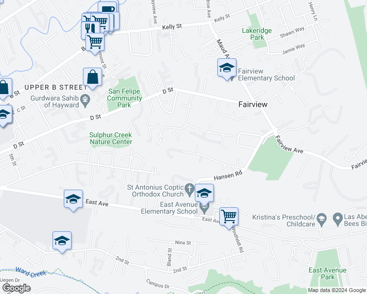 map of restaurants, bars, coffee shops, grocery stores, and more near 2468 Hidden Lane in Hayward