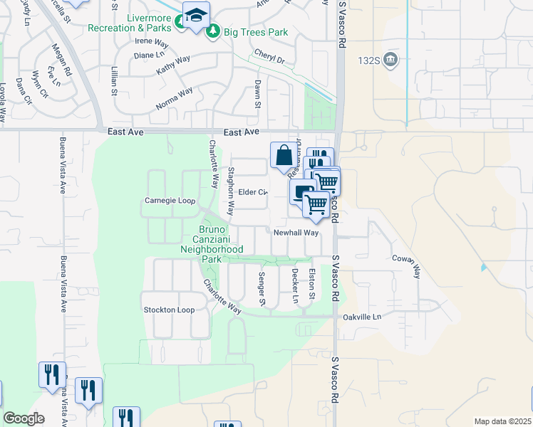 map of restaurants, bars, coffee shops, grocery stores, and more near 5808 Elder Circle in Livermore