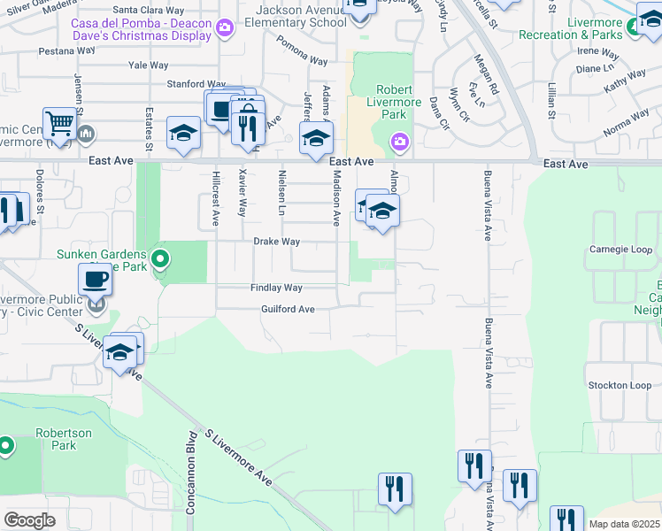 map of restaurants, bars, coffee shops, grocery stores, and more near 4374 Emory Way in Livermore