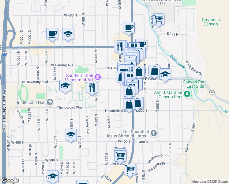 map of restaurants, bars, coffee shops, grocery stores, and more near 104 South 100 East in Cedar City