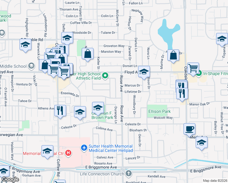 map of restaurants, bars, coffee shops, grocery stores, and more near 2304 San Rafael Avenue in Modesto