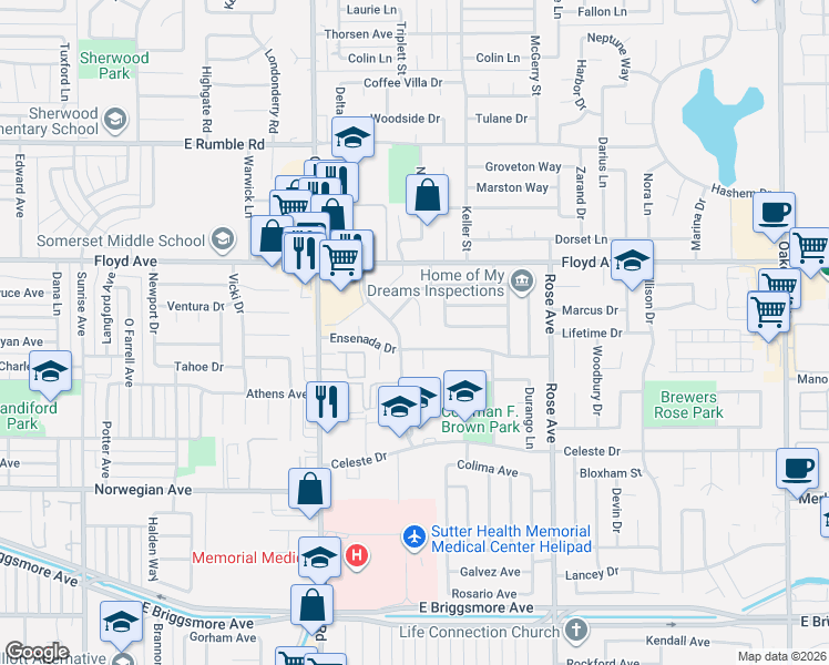 map of restaurants, bars, coffee shops, grocery stores, and more near 1407 Ensenada Drive in Modesto