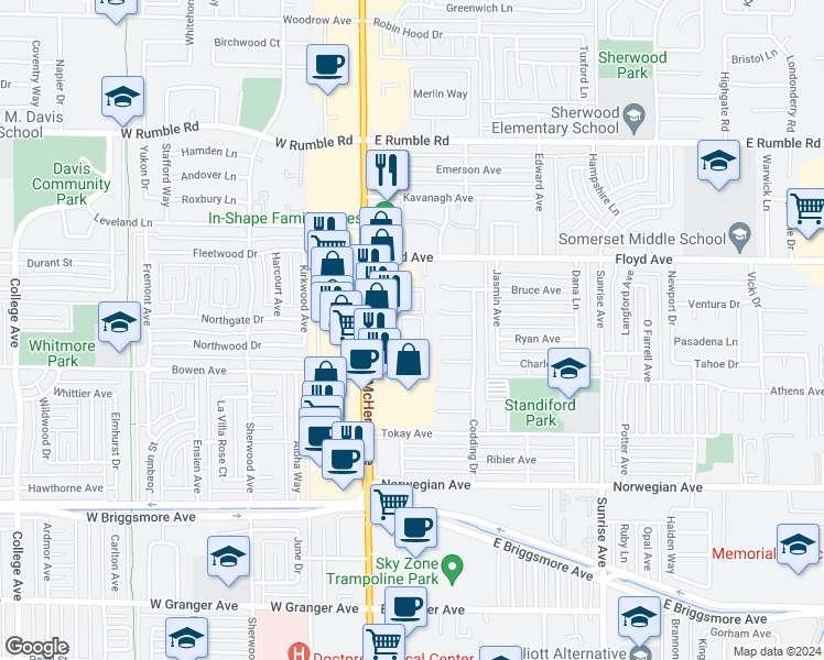 map of restaurants, bars, coffee shops, grocery stores, and more near 115 Mark Randy Place in Modesto