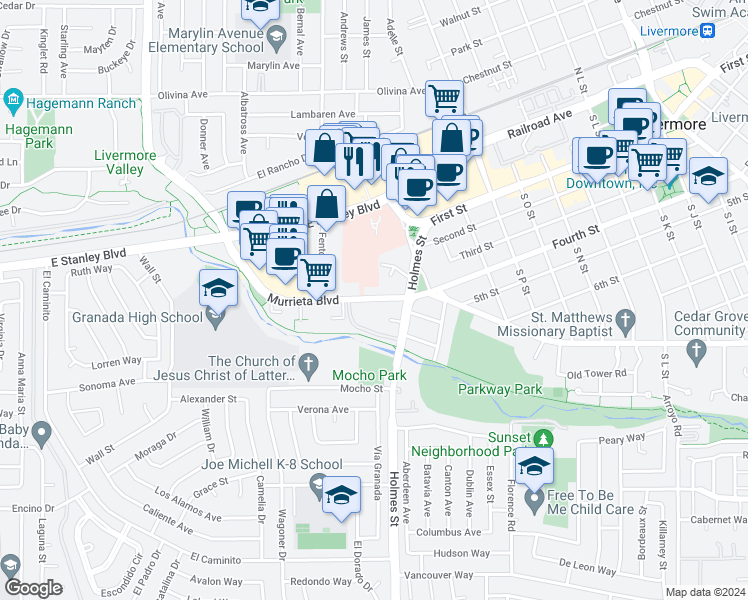 map of restaurants, bars, coffee shops, grocery stores, and more near 1168 Holmes Court in Livermore