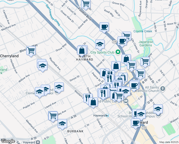 map of restaurants, bars, coffee shops, grocery stores, and more near 22229 Pearce Street in Hayward