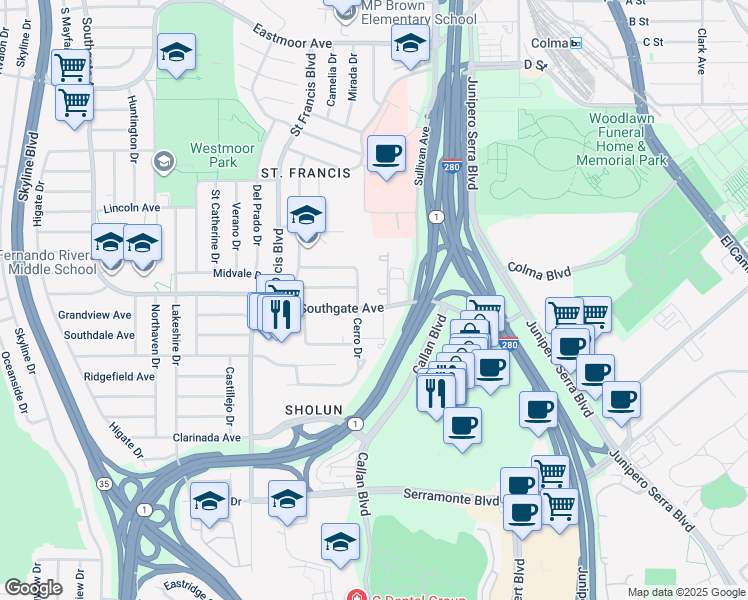 map of restaurants, bars, coffee shops, grocery stores, and more near 1502 Southgate Avenue in Daly City