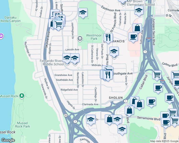 map of restaurants, bars, coffee shops, grocery stores, and more near 19 Perita Drive in Daly City
