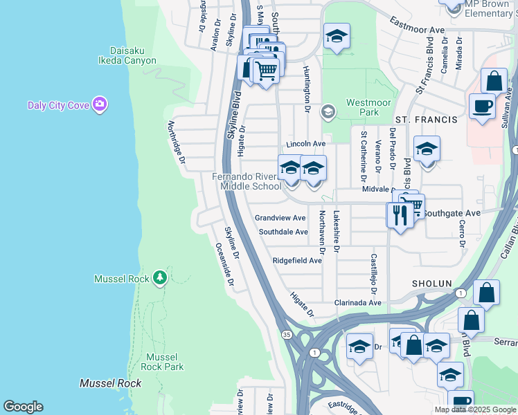 map of restaurants, bars, coffee shops, grocery stores, and more near 625 Higate Drive in Daly City