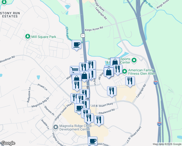 map of restaurants, bars, coffee shops, grocery stores, and more near 10165 Brook Rd in Glen Allen