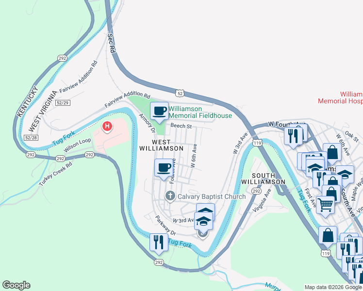map of restaurants, bars, coffee shops, grocery stores, and more near 128 Gum Street in Williamson