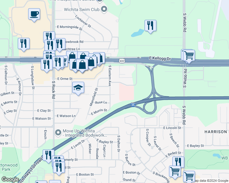 map of restaurants, bars, coffee shops, grocery stores, and more near 8417 East Gilbert Street in Wichita