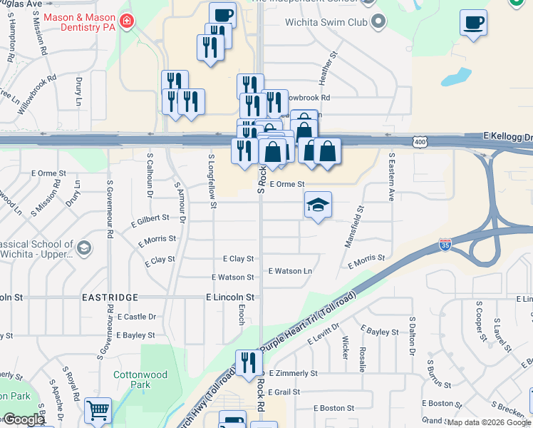 map of restaurants, bars, coffee shops, grocery stores, and more near in Wichita