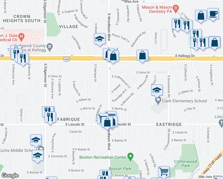 map of restaurants, bars, coffee shops, grocery stores, and more near 764 South Hunter in Wichita