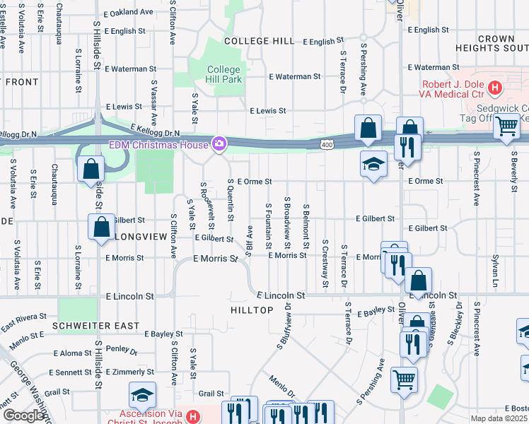 map of restaurants, bars, coffee shops, grocery stores, and more near 702 South Fountain Street in Wichita