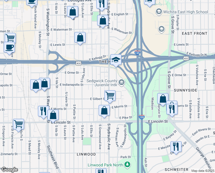 map of restaurants, bars, coffee shops, grocery stores, and more near 1612 East Gilbert Street in Wichita