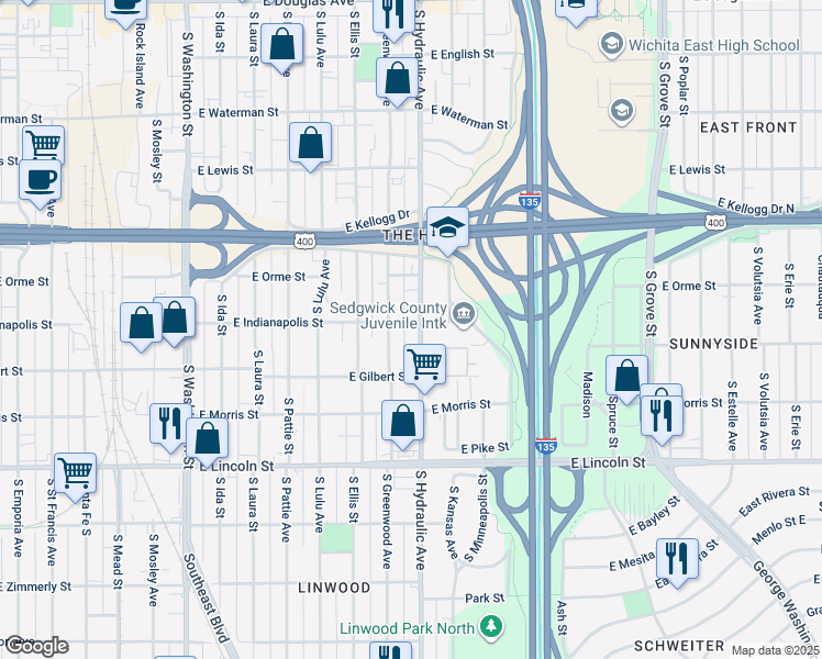map of restaurants, bars, coffee shops, grocery stores, and more near 1612 East Gilbert Street in Wichita