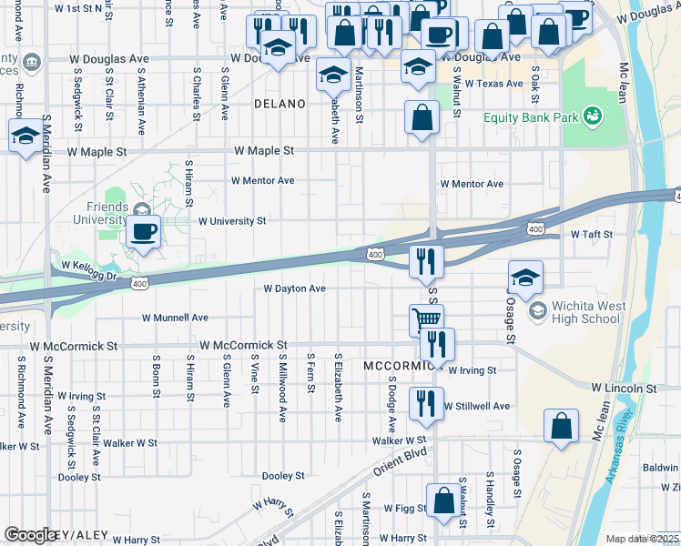 map of restaurants, bars, coffee shops, grocery stores, and more near 735 South Elizabeth Street in Wichita