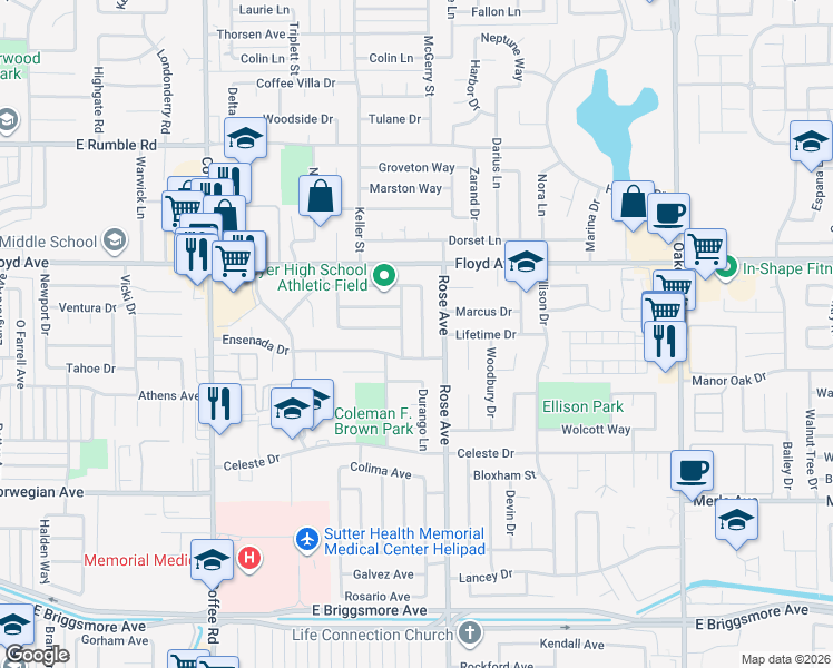 map of restaurants, bars, coffee shops, grocery stores, and more near 2304 San Rafael Avenue in Modesto