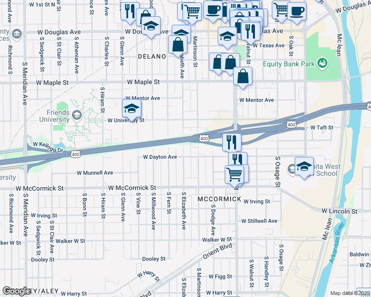 map of restaurants, bars, coffee shops, grocery stores, and more near 735 South Elizabeth Street in Wichita
