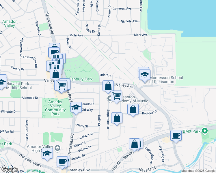 map of restaurants, bars, coffee shops, grocery stores, and more near 3950 Valley Avenue in Pleasanton